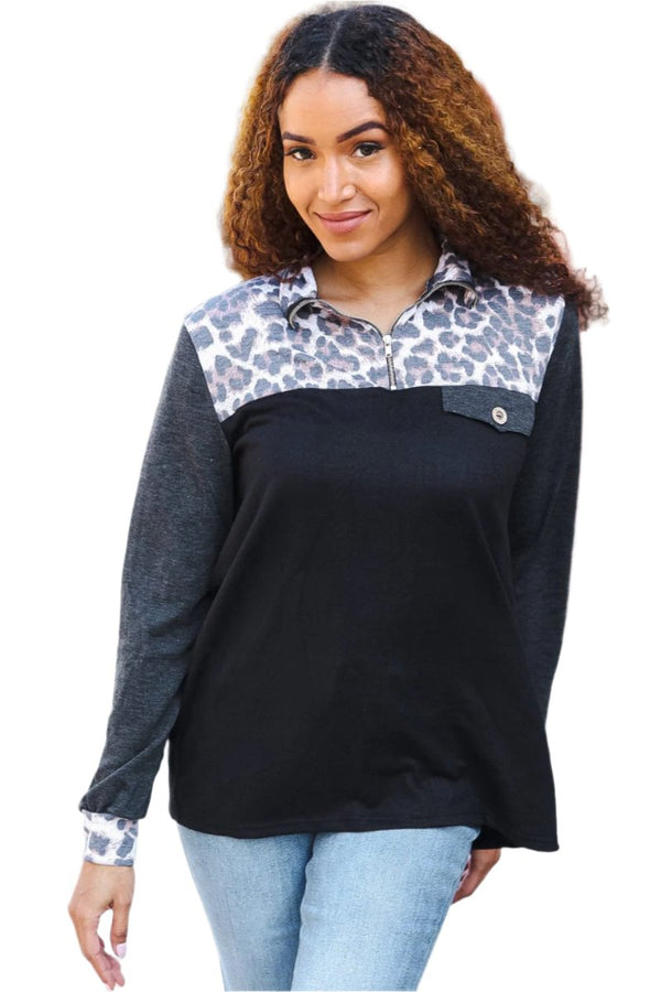 Be Bold Black & Charcoal Animal Print Zip Down Pullover Bibi