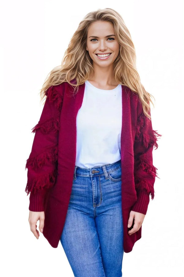 Beautiful You Burgundy Fringe Detail Knit Cardigan BIBI