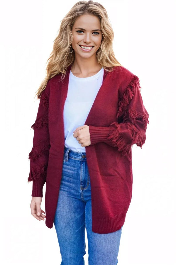 Beautiful You Burgundy Fringe Detail Knit Cardigan BIBI