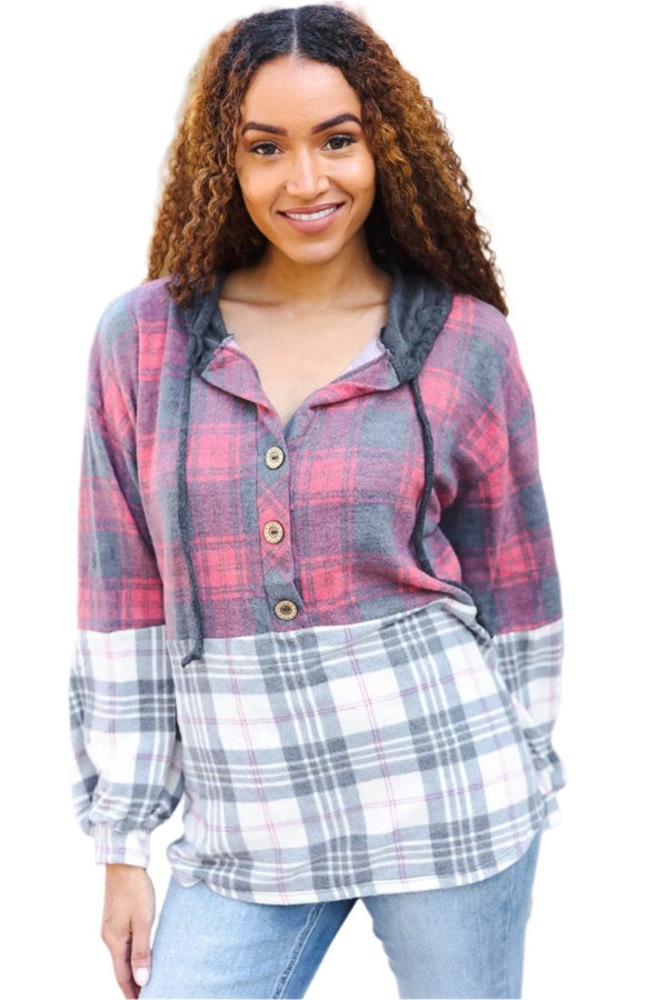 Pretty in Plaid Brushed Hacci Color Block Hoodie Bibi