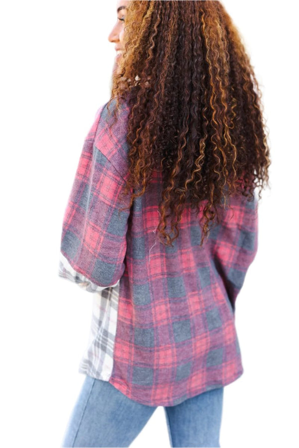 Pretty in Plaid Brushed Hacci Color Block Hoodie Bibi