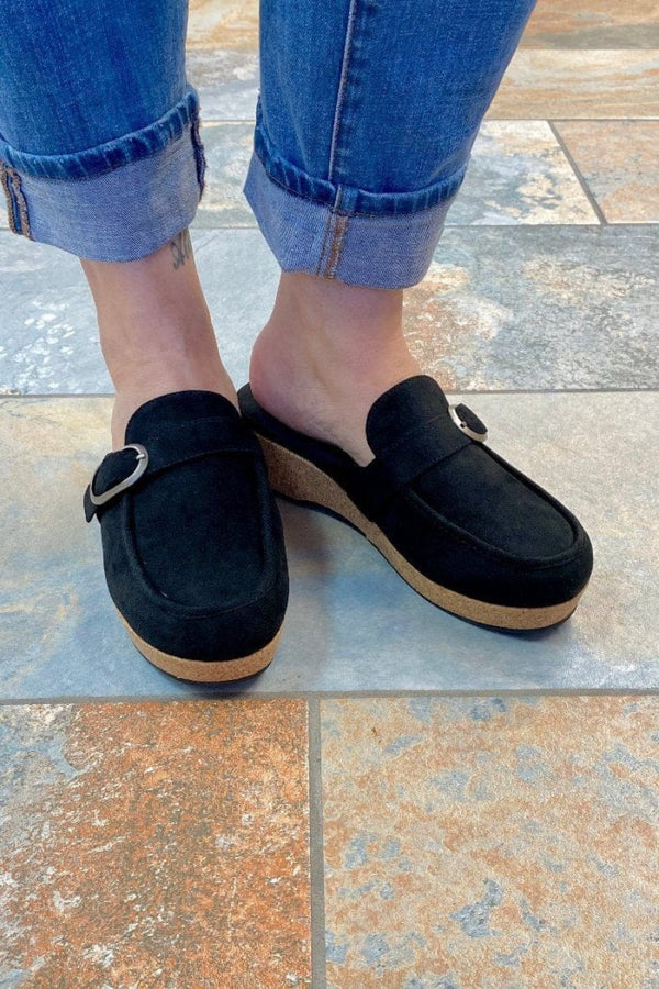 Wedge Corkys All Get Out Mules In Black Faux Suede Corkys Footwear