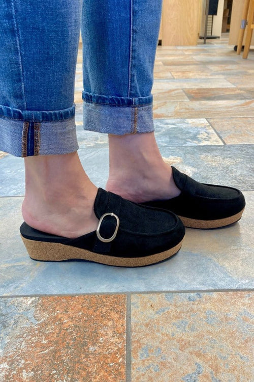 Wedge Corkys All Get Out Mules In Black Faux Suede Corkys Footwear