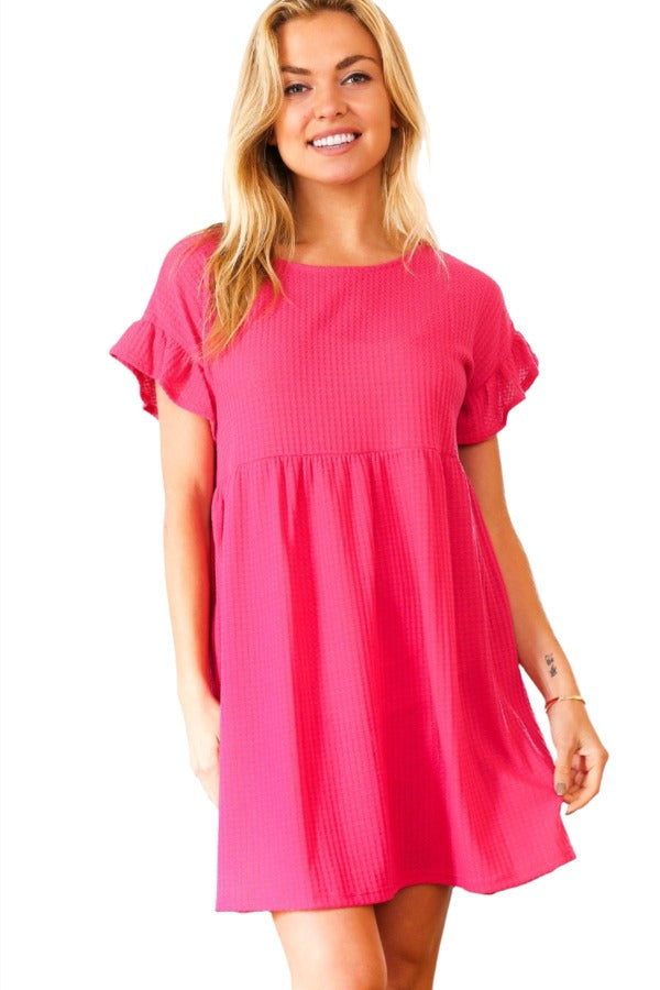 Summer Days Fuchsia Waffle Knit Ruffle Sleeve Babydoll Dress First Love