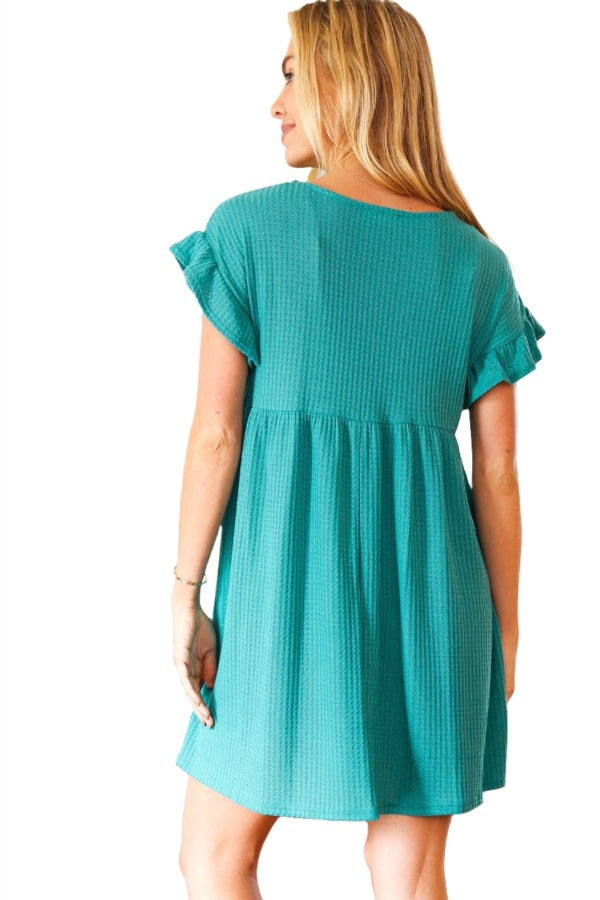 Summer Days Teal Waffle Knit Ruffle Sleeve Babydoll Dress First Love