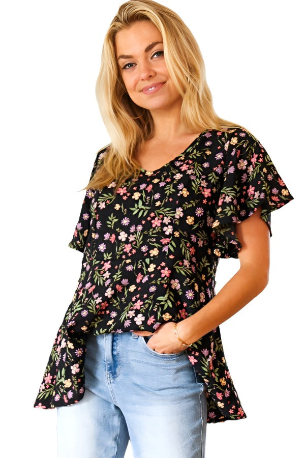 Summer Vibes Black Floral Print V Neck Babydoll Crepe Top First Love