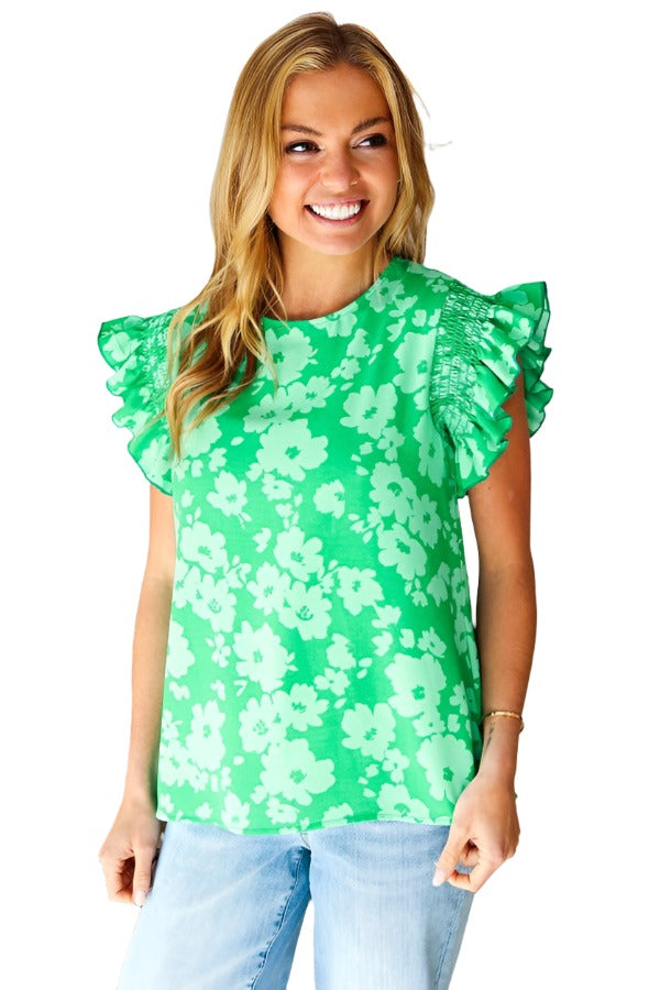 All The Frills Kelly Green Floral Smocked Ruffle Sleeve Top Haptics