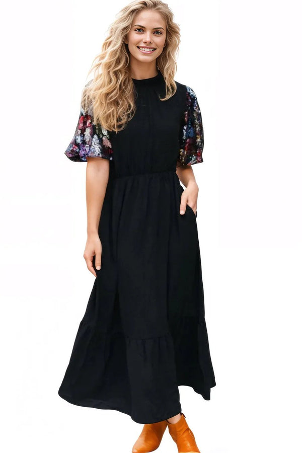 Black Floral Sequin Puff Sleeve Mock Neck Tiered Maxi Dress Haptics