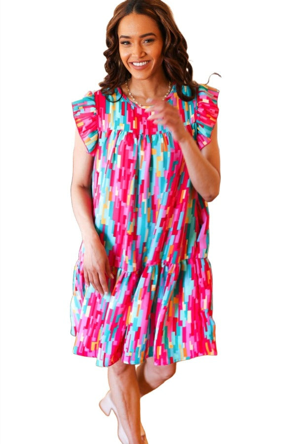 Feeling Bold Multicolor Abstract Print Tiered Ruffle Sleeve Dress Haptics