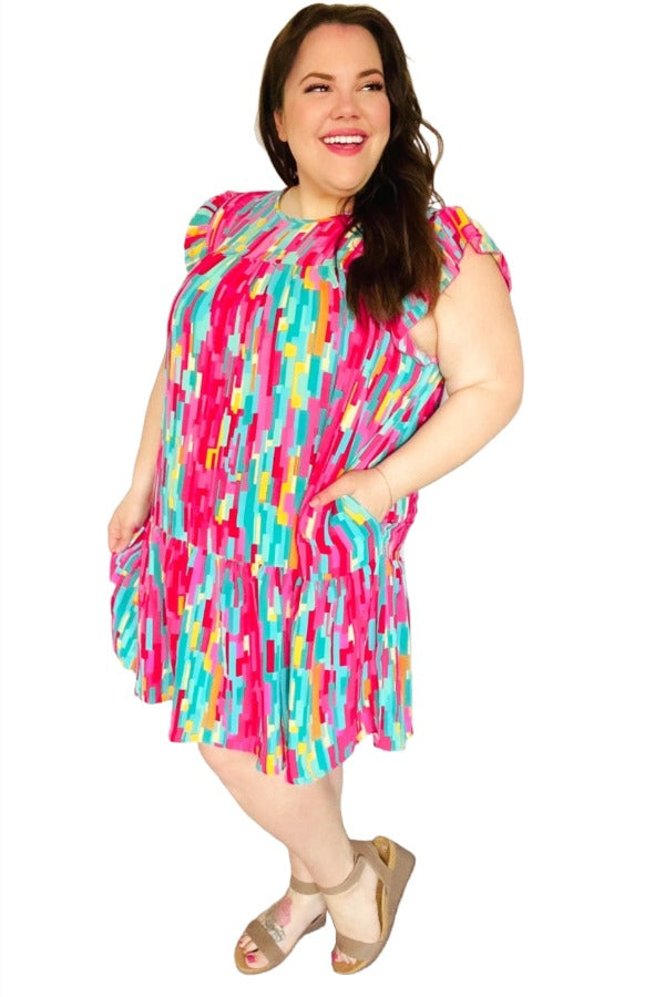 Feeling Bold Multicolor Abstract Print Tiered Ruffle Sleeve Dress Haptics