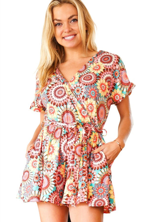 Feeling Bold Multicolor Mandala Print Surplice Tie Waist Romper Haptics