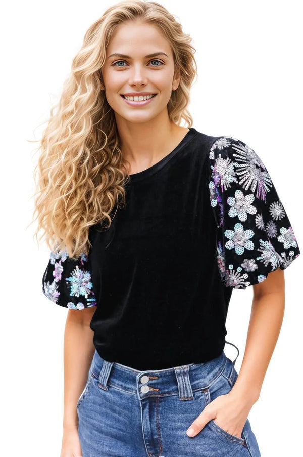 Feeling Glamorous Black Floral Sequin Puff Sleeve Velvet Top Haptics