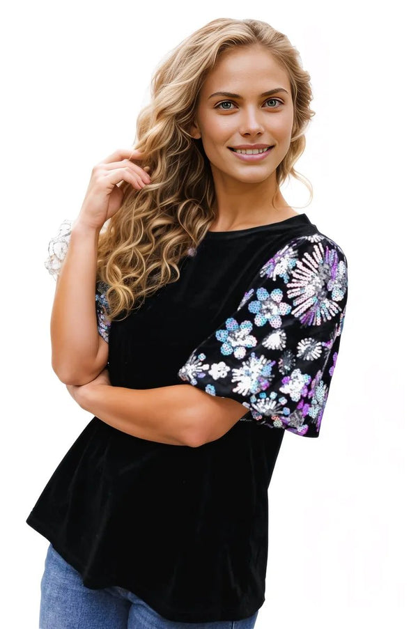 Feeling Glamorous Black Floral Sequin Puff Sleeve Velvet Top Haptics