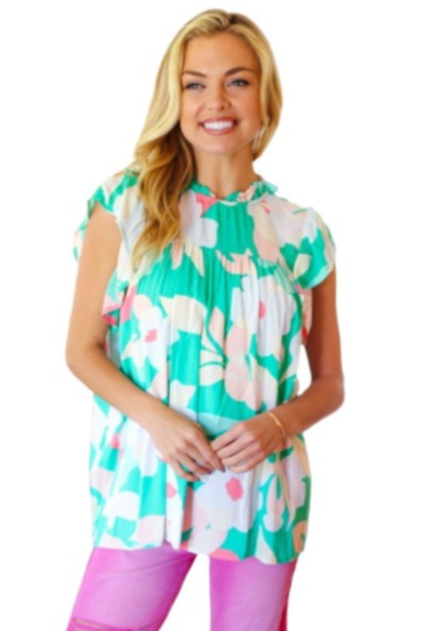 Feeling Joyful Aqua Floral Mock Neck Flutter Sleeve Top Haptics