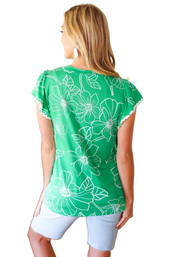 Follow Me Emerald Floral Ric Rac Trim Flutter Sleeve Top Haptics