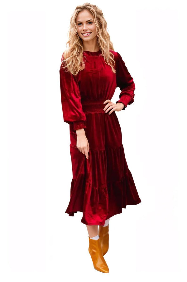 Holiday Dreaming Burgundy Velvet Mock Neck Smocked Waist Dress Haptics