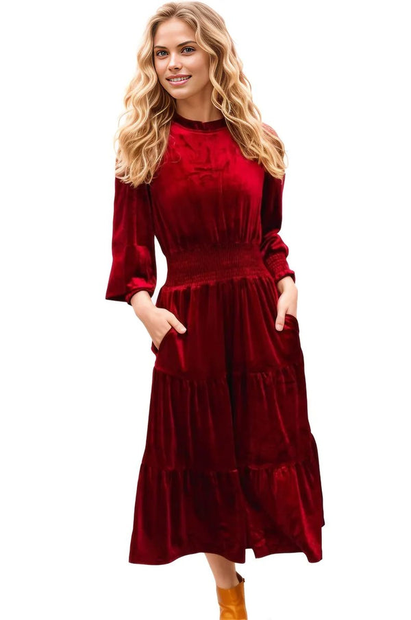 Holiday Dreaming Burgundy Velvet Mock Neck Smocked Waist Dress Haptics