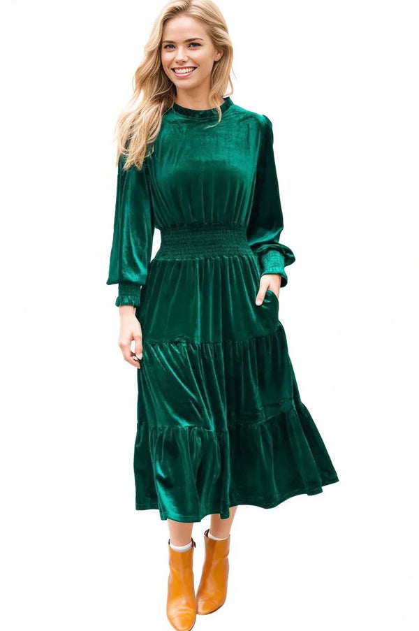 Holiday Dreaming Hunter Green Velvet Mock Neck Smocked Waist Dress Haptics