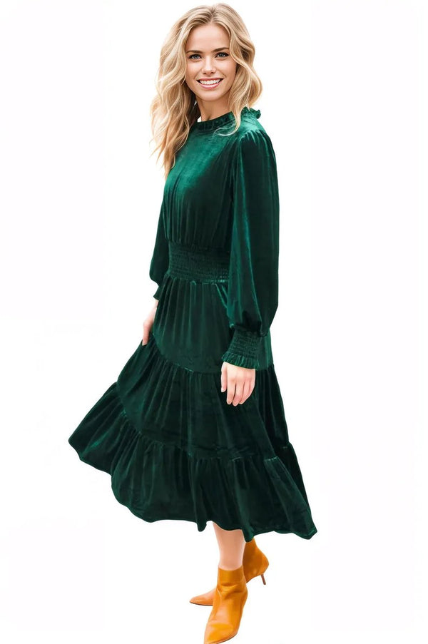 Holiday Dreaming Hunter Green Velvet Mock Neck Smocked Waist Dress Haptics