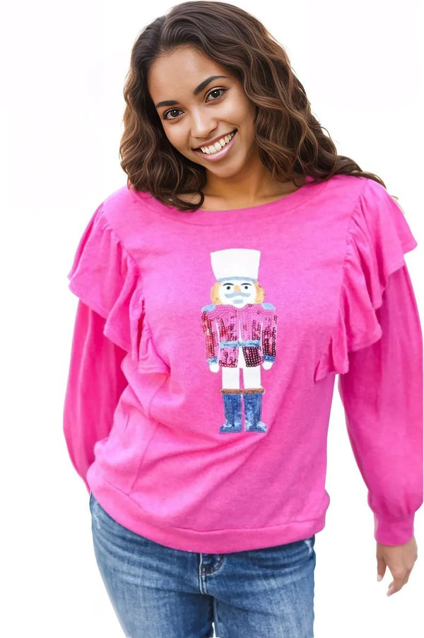 Holiday Hot Pink Sequin Nutcracker Ruffle Hacci Sweater Haptics