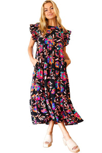 Just A Dream Black Floral Print Smocked Ruffle Sleeve Maxi Dress Haptics