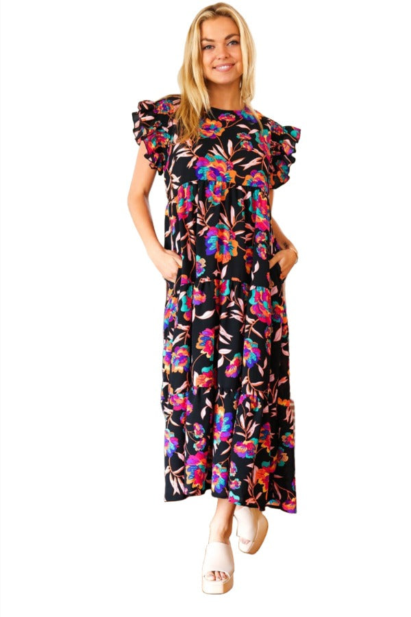Just A Dream Black Floral Print Smocked Ruffle Sleeve Maxi Dress Haptics