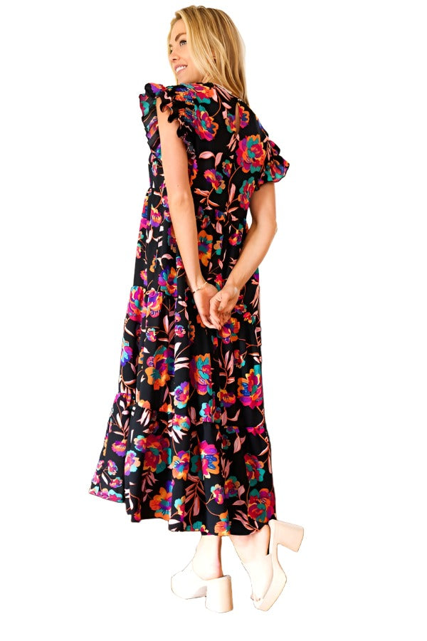 Just A Dream Black Floral Print Smocked Ruffle Sleeve Maxi Dress Haptics