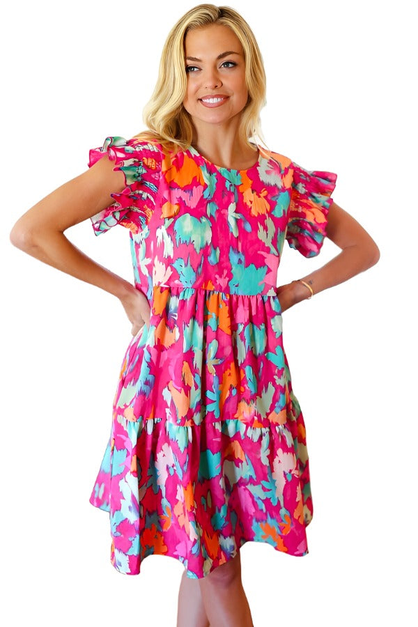 Look of Love Fuchsia Abstract Floral Print Smocked Ruffle Sleeve Dress Haptics