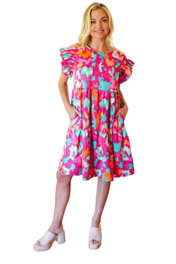 Look of Love Fuchsia Abstract Floral Print Smocked Ruffle Sleeve Dress Haptics