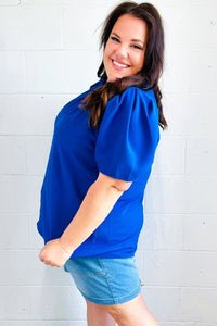 Lovely In Holiday Blue Frill Mock Neck Woven Top Haptics