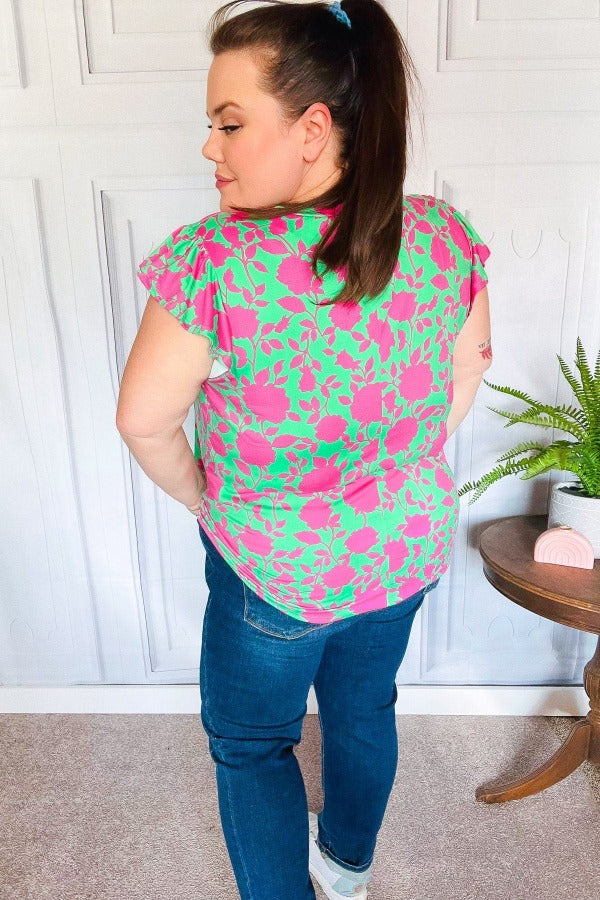 Sassy Green & Fuchsia Floral Ruffle Short Sleeve Yoke Top Haptics