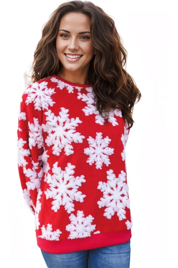 Season Greetings Red Puffy Snowflake Sherpa Pullover Haptics