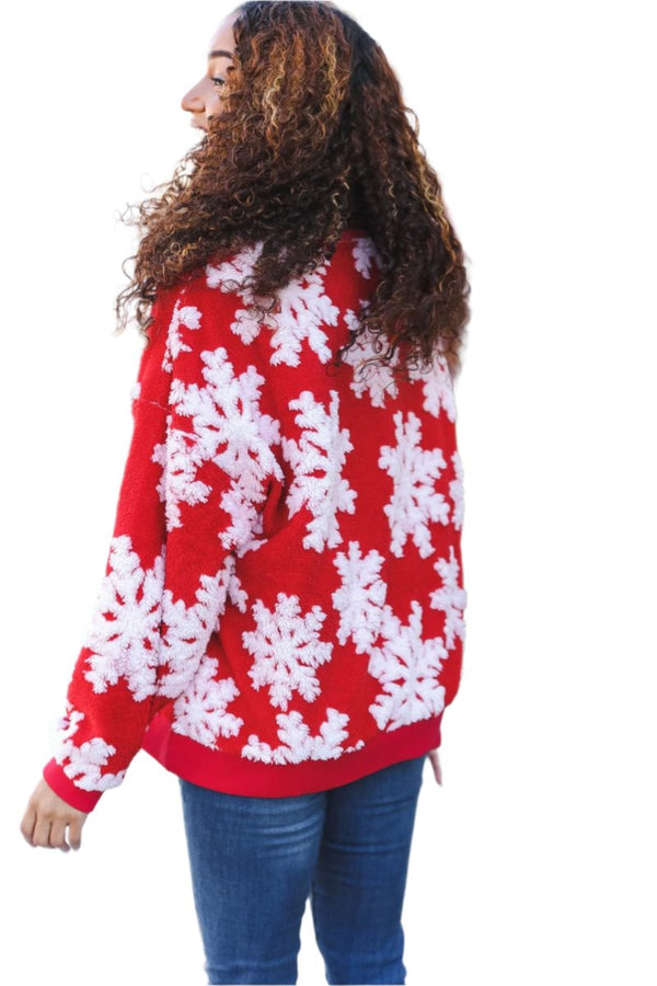 Season Greetings Red Puffy Snowflake Sherpa Pullover Haptics