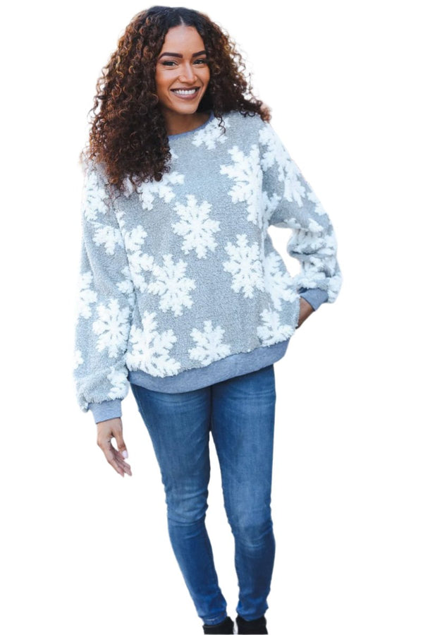 Season Greetings Silver Puffy Snowflake Sherpa Pullover Haptics