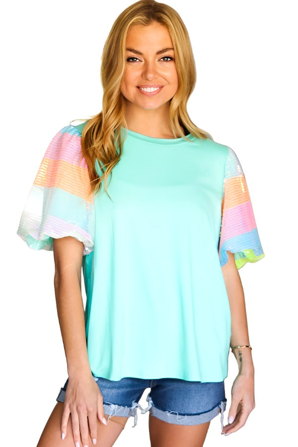 Stand Out Mint Rainbow Sequin Puff Sleeve Top Haptics