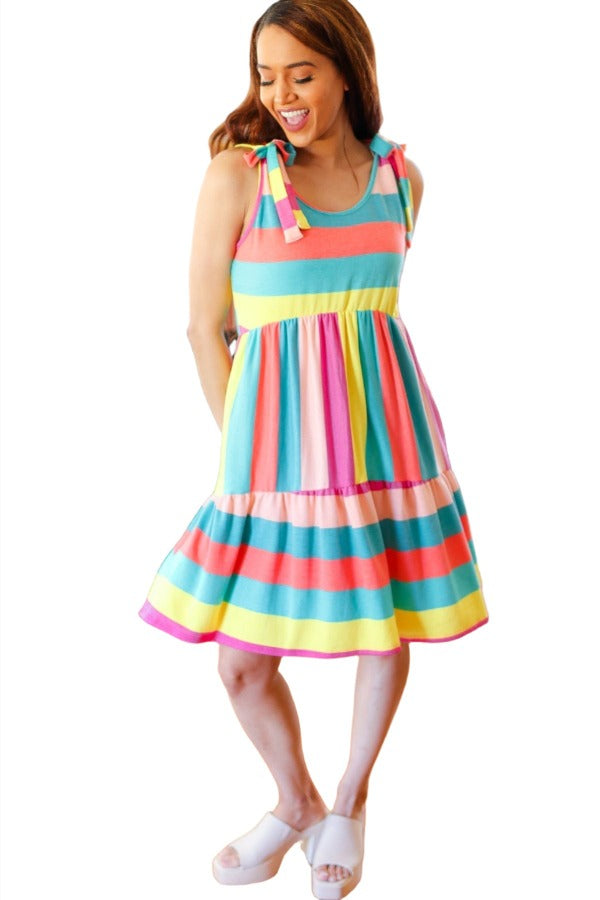 Start The Day Rainbow Stripe Shoulder Tie Tiered Dress Haptics