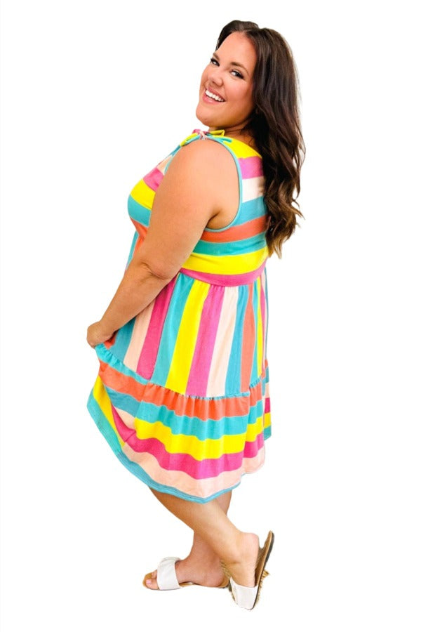 Start The Day Rainbow Stripe Shoulder Tie Tiered Dress Haptics