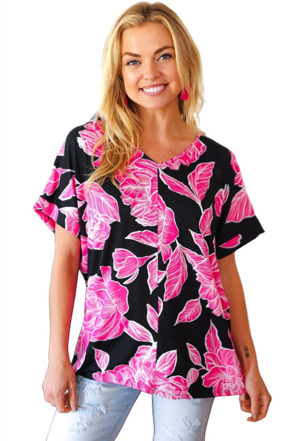 Tropical Vibes Black & Hot Pink Floral V Neck Top Haptics