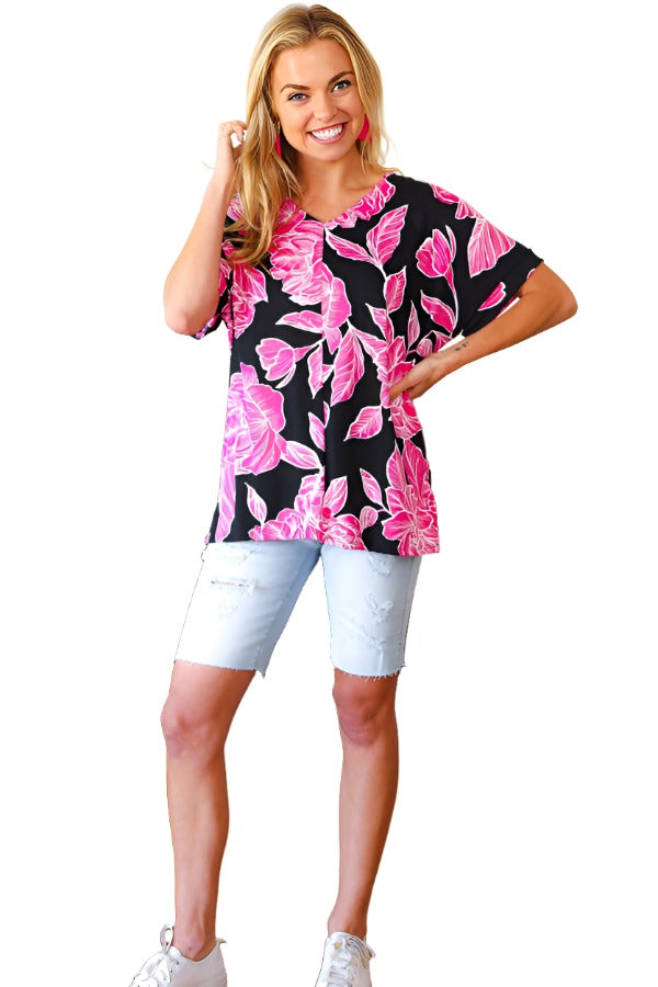 Tropical Vibes Black & Hot Pink Floral V Neck Top Haptics