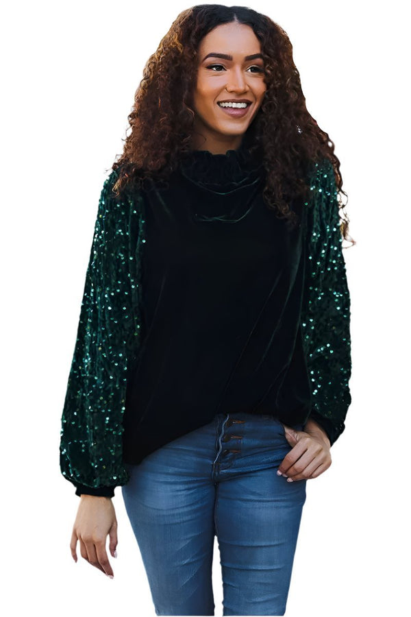 Under the Lights Green Velvet & Sequin Frill Mock Neck Top Haptics