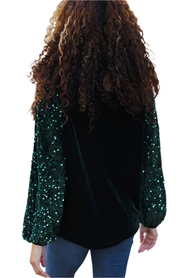 Under the Lights Green Velvet & Sequin Frill Mock Neck Top Haptics