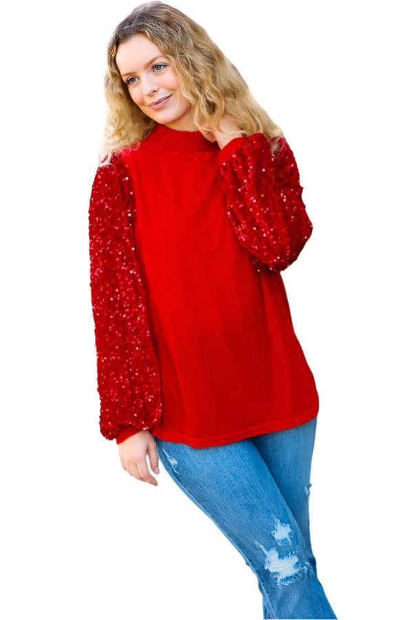 Under the Lights Red Velvet & Sequins Mock Neck Top Haptics