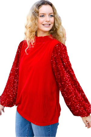 Under the Lights Red Velvet & Sequins Mock Neck Top Haptics