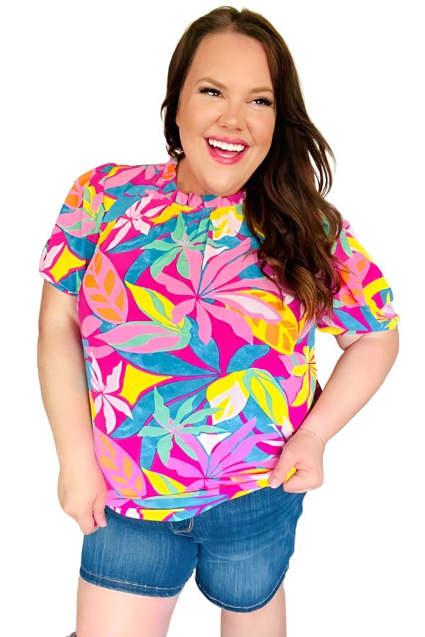 Vacay Ready Fuchsia Tropical Print Frill Mock Neck Top Haptics