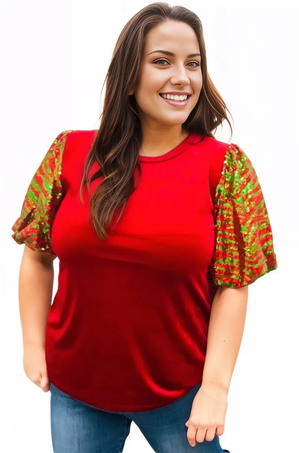 Warmest Wishes Red & Green Sequin Puff Sleeve Velvet Top Haptics