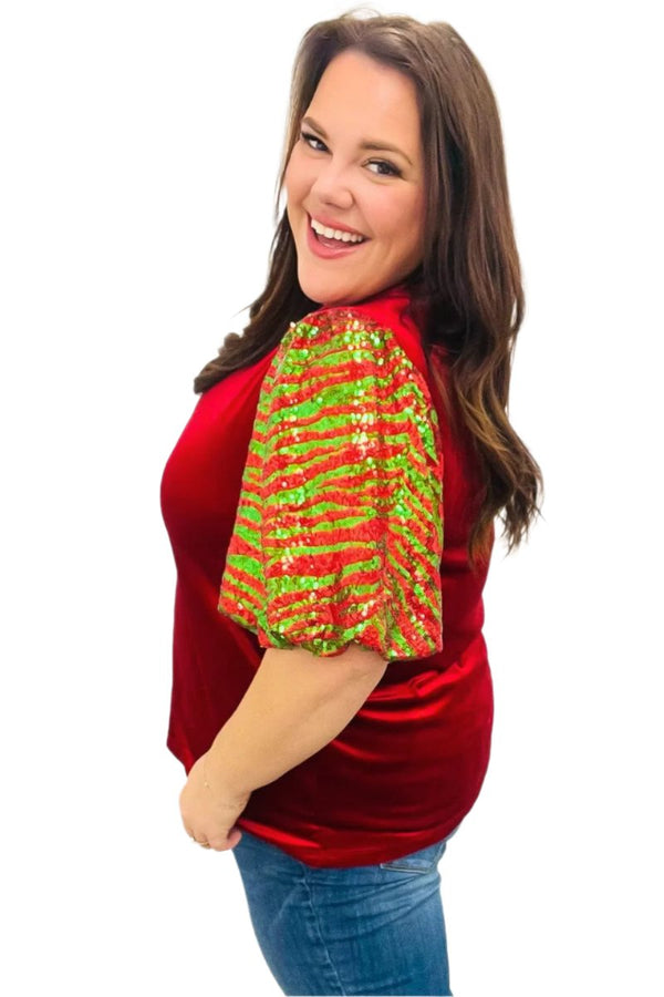 Warmest Wishes Red & Green Sequin Puff Sleeve Velvet Top Haptics