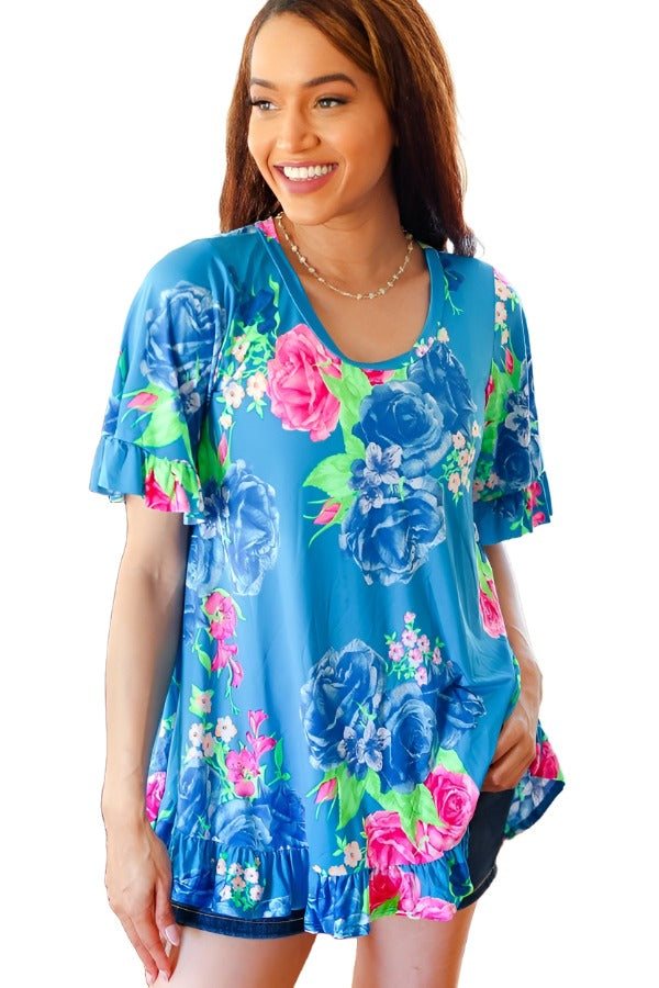 Feeling Playful Blue Floral Ruffle Sleeve & Hem Tunic Top Hayzel