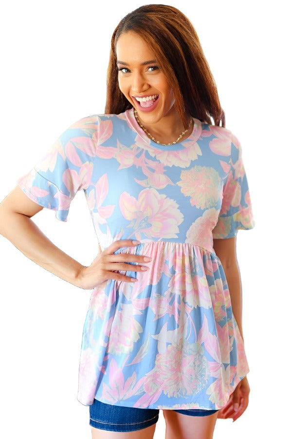 Seize The Day Blue & Pink Babydoll Ruffle Sleeve Top Hayzel