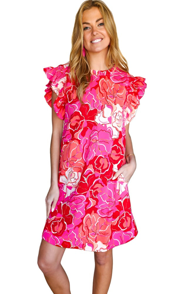 True Love Pink & Red Floral Smocked Ruffle Sleeve Dress Jodifl