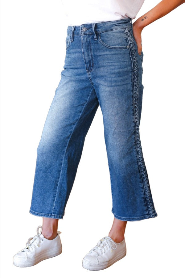 Judy Blue Medium Wash Braided Cropped Wide Leg Jeans Judy Blue